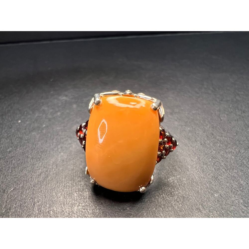 Elegant Caramel Opal and Red Garnet Gemstone Ring
